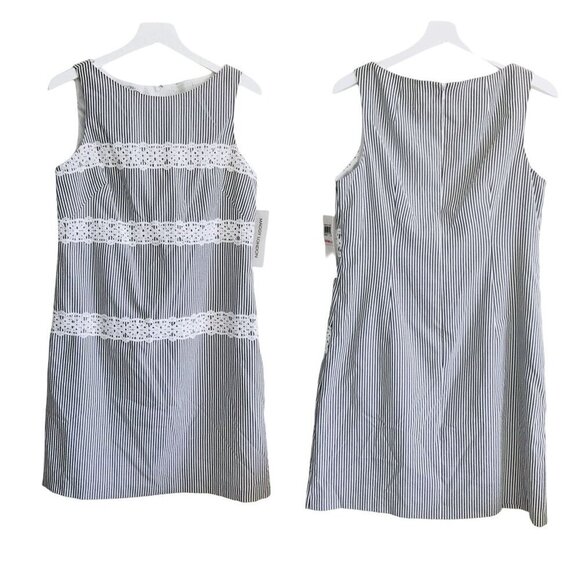 NWT Maggy London Striped Lace Trim Dress, size 10, Gray/white - Picture 1 of 12